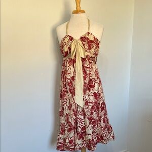 Banana Republic SILK Floral Halter Dress in Brick Red (Burnt Orange) and Cream
